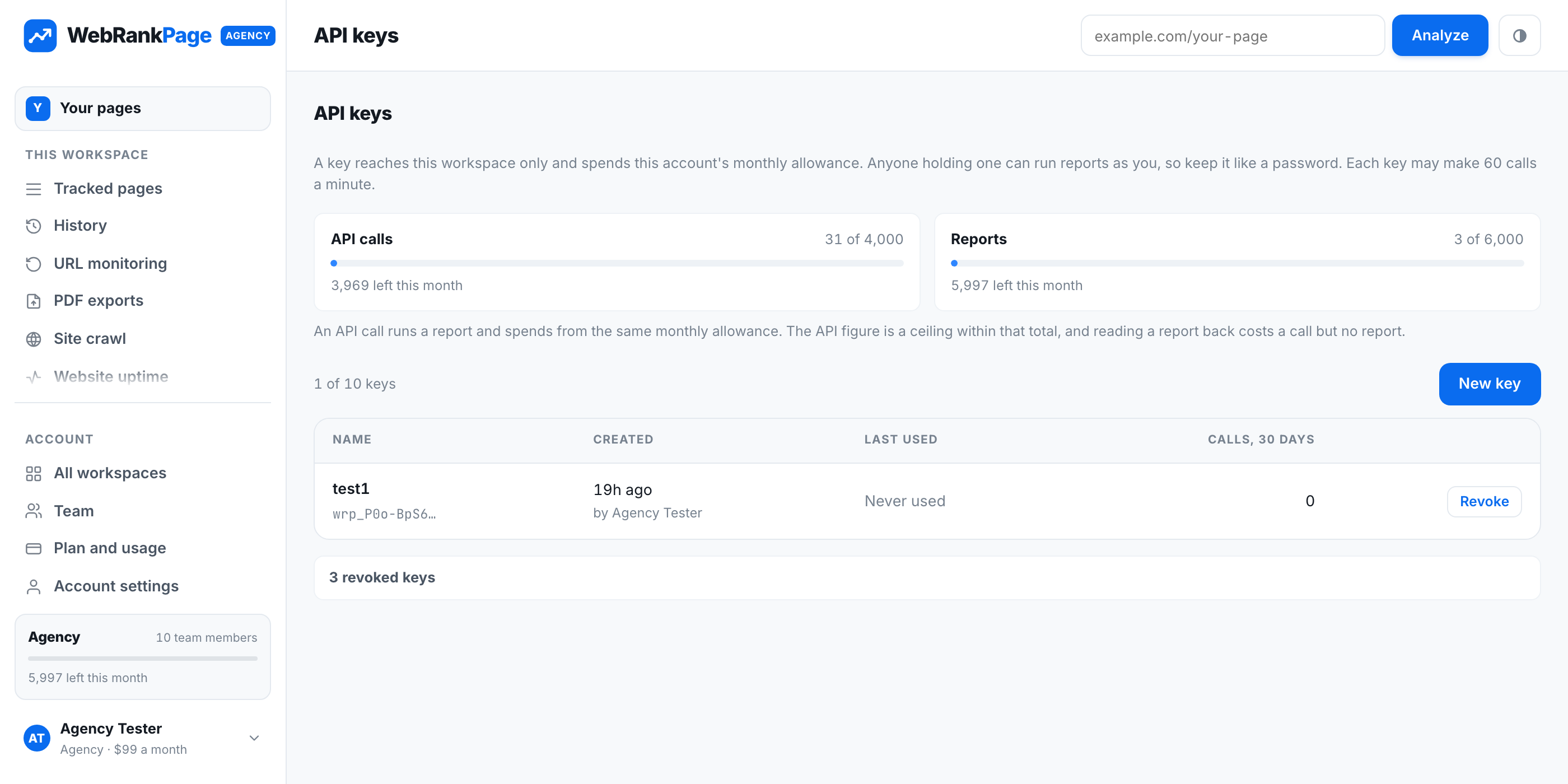 API key management in the dashboard