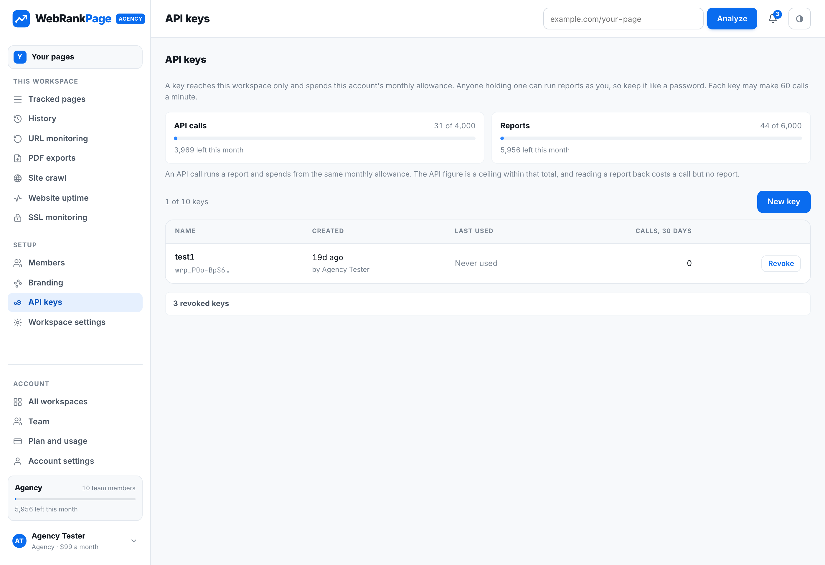 API key management in the dashboard