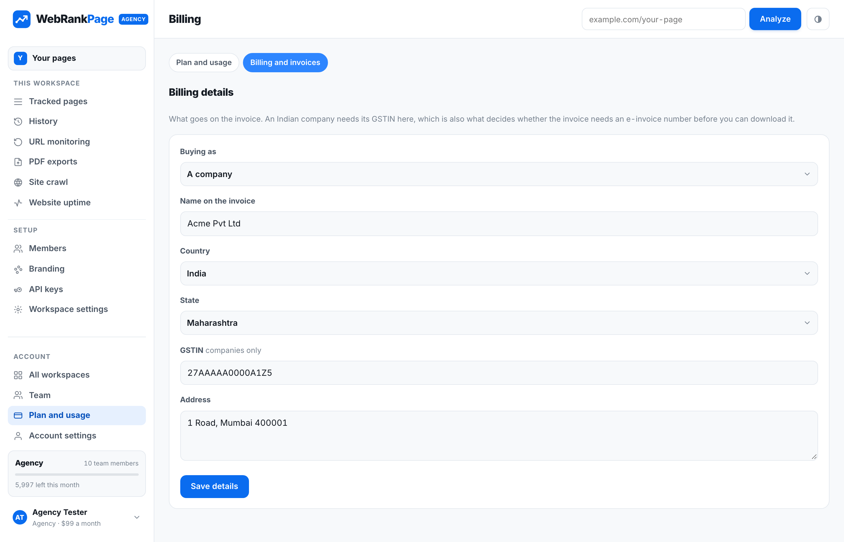 The billing page: the details that go on your invoices, with plan and usage one tab away.