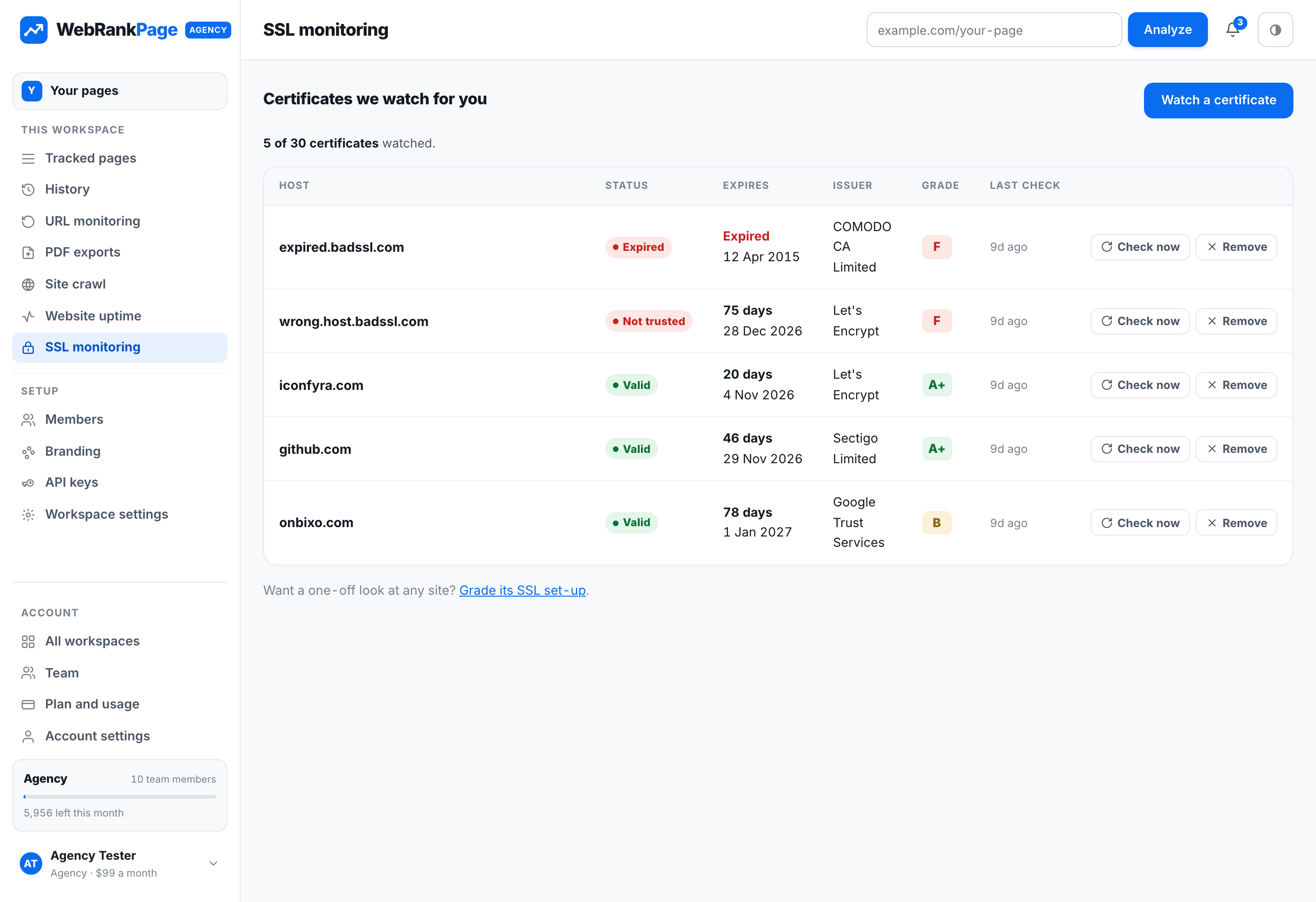 SSL monitoring listing certificates with their status, days left, issuer and grade