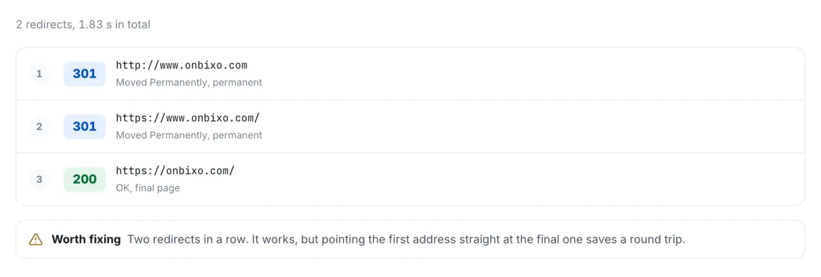 The Redirect Checker following http://www.onbixo.com through two 301 redirects to https://onbixo.com/