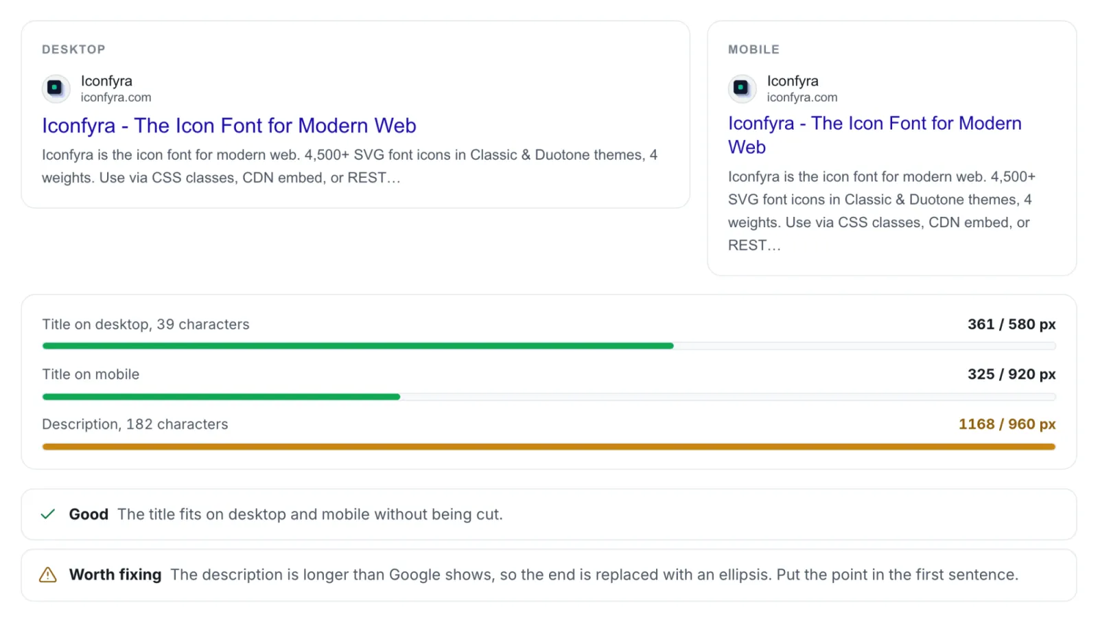 The SERP Snippet Preview for iconfyra.com: a 39 character title that fits on desktop and mobile