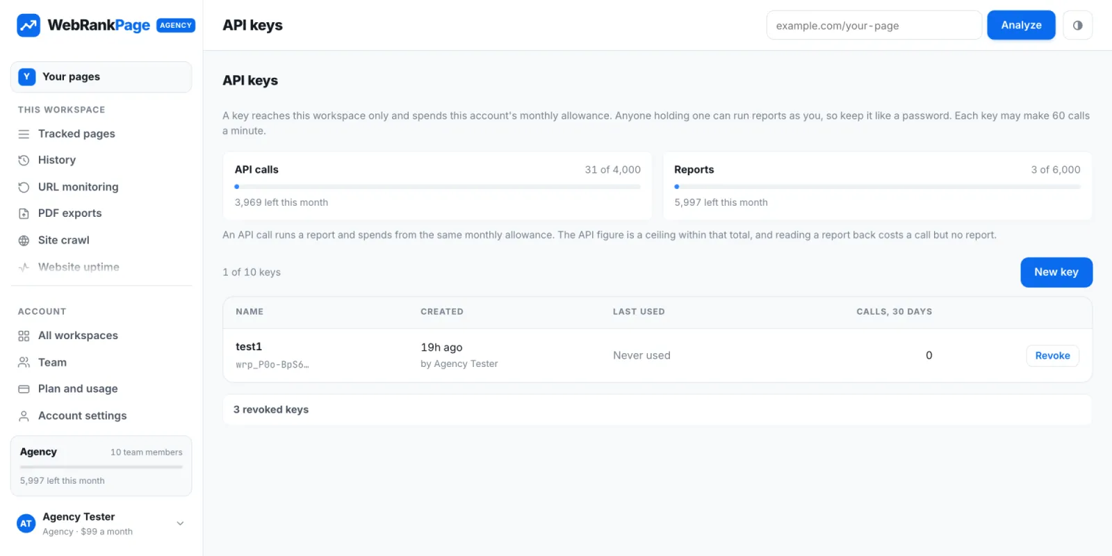 The API keys page, showing calls and reports used this month and the list of keys