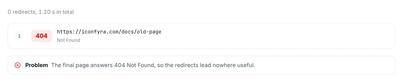 The Redirect Checker on a page that does not exist on iconfyra.com, answering 404 Not Found