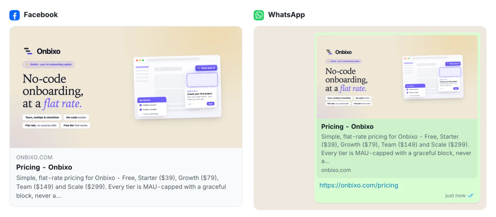 The Social Share Preview showing how onbixo.com/pricing looks when shared on Facebook and WhatsApp