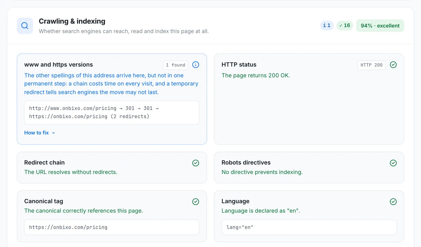 The Crawling and indexing checks in a report, with the canonical tag correctly pointing at https://onbixo.com/pricing
