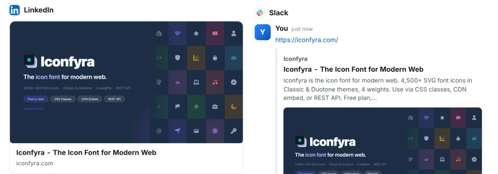 The Social Share Preview for iconfyra.com, showing the card on LinkedIn and Slack