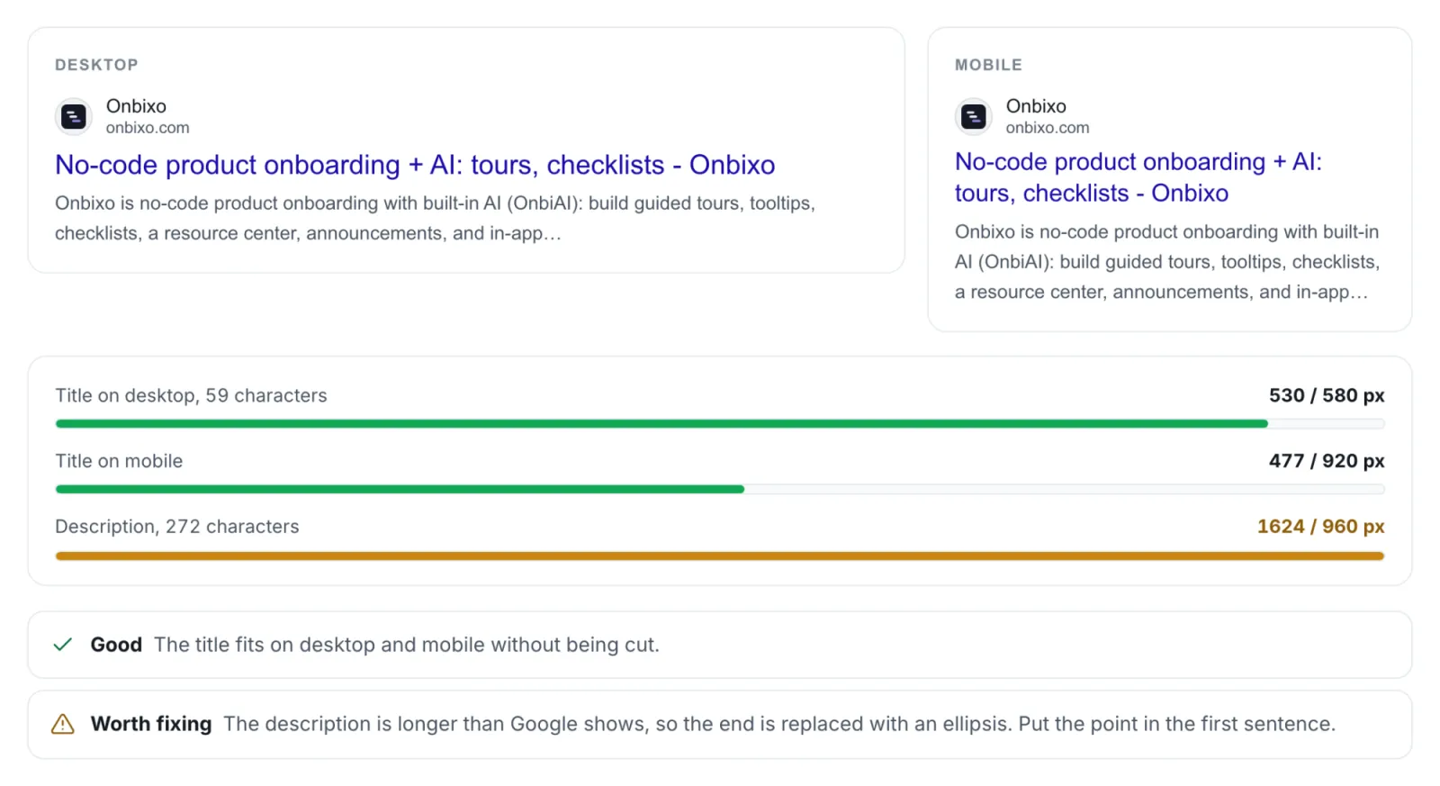 The SERP Snippet Preview for onbixo.com: a 272 character description measuring 1,624 pixels against the 960 Google shows